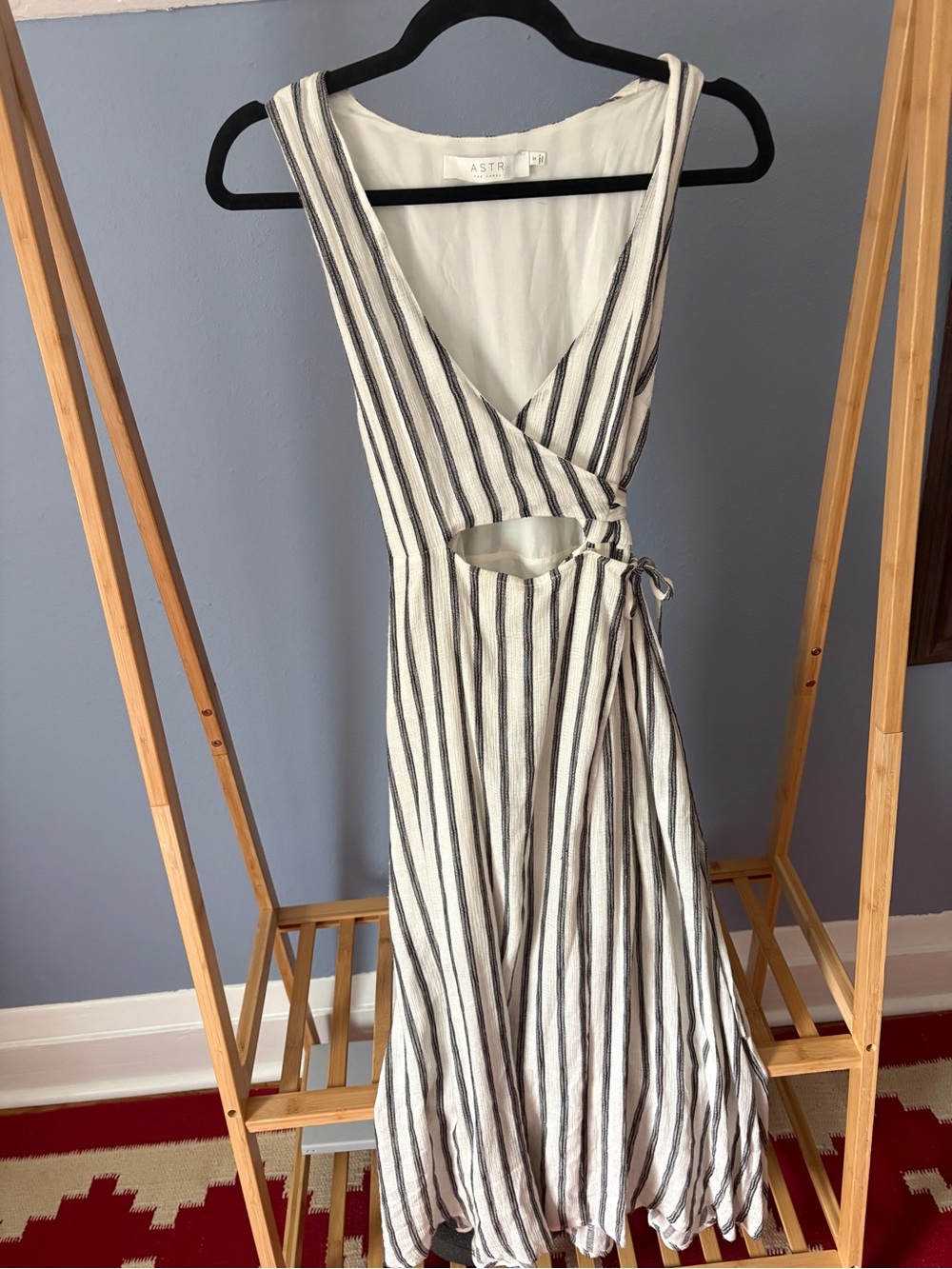 ASTR the Label White and Grey Striped Wrap Midi Dress
